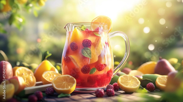 Fototapeta Fruit punch pitcher with fresh fruits on picnic table outdoors  