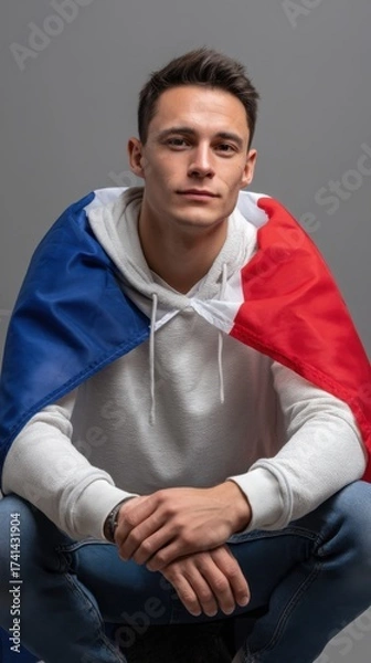 Fototapeta Young man sitting with the flag of France draped over his shoulders, posed against a grey background. 