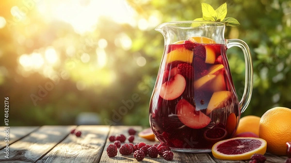 Fototapeta Refreshing pitcher of red sangria with fruit on wooden table outdoors  