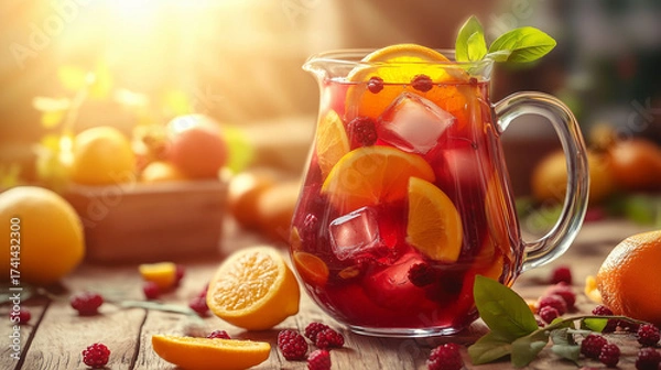 Fototapeta Refreshing pitcher of sangria with oranges and raspberries on table  