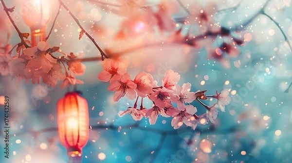 Fototapeta Dreamy Blossom Canopy: A Springtime Reverie with Lantern Glow and Floral Charm