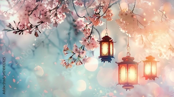 Fototapeta Enchanting oriental scene with blooming cherry blossoms and illuminated lanterns