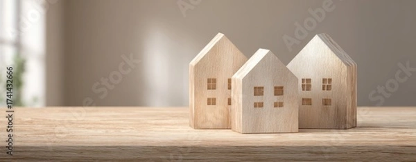 Fototapeta The Wooden House Models on a Rustic Table with Soft Natural Light
