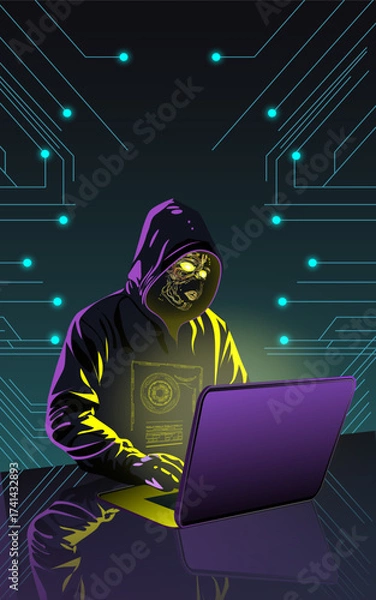 Fototapeta Cyber hacker in neon hood using laptop