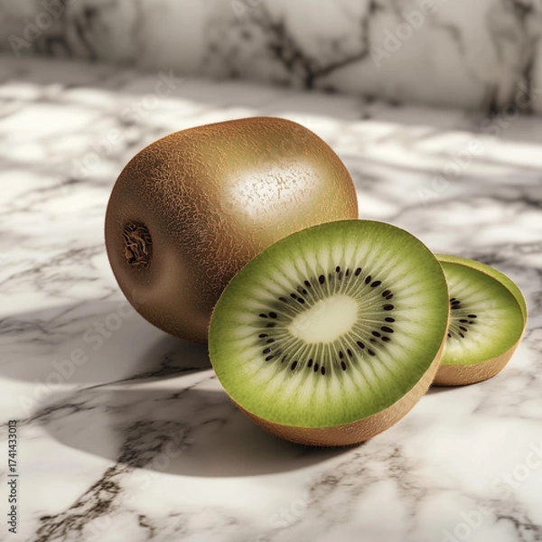 Fototapeta Whole kiwi fruit and two halves on marble surface  
