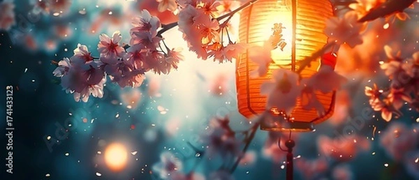 Fototapeta Enchanting spring bloom: A lantern's radiant glow amidst ethereal blossoms