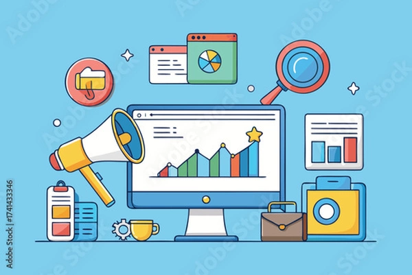 Fototapeta Digital Marketing Concept Flat Illustration Optimizing SEO Content Strategy Social Media Campaign for Business Growth and Online Presence on Blue Background