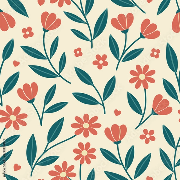 Fototapeta Retro Floral Pattern with Red Flowers and Teal Leaves, a Whimsical Garden Design for Fabric and Wallpaper