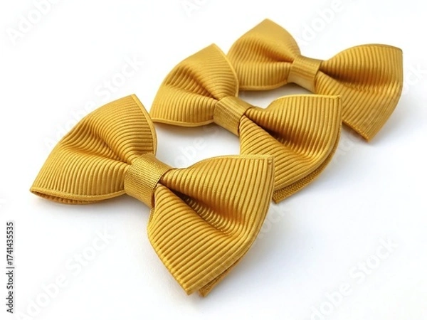 Fototapeta Three golden yellow ribbon bows isolated on white background, perfect for crafts, gifts, and decorations, adding a touch of elegance and charm