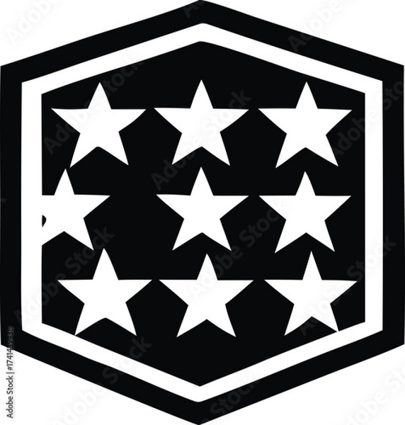Obraz Hexagonal emblem featuring nine white stars arranged in a grid on a black background with white border elements and a dark outer frame