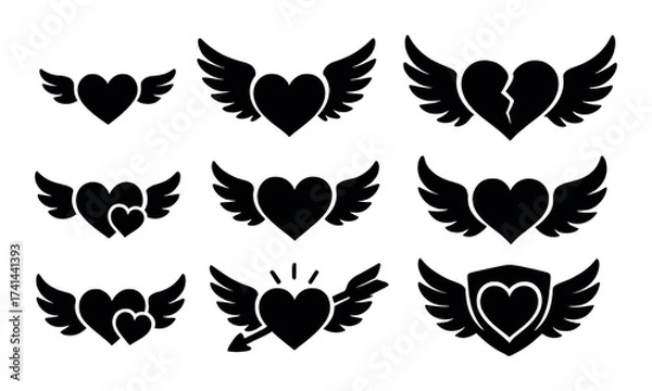 Fototapeta Collection of heart symbols with wings and arrows silhouettes
