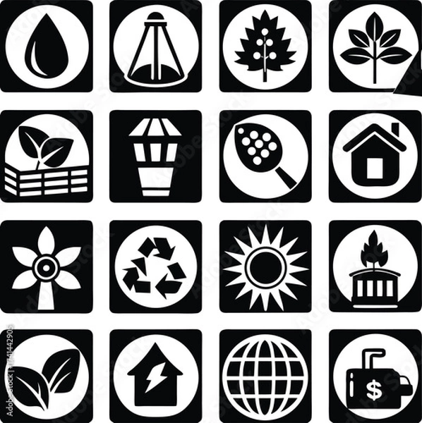 Obraz Diverse environmental and renewable energy icons collection nature sustainability ecology green technology resources agriculture icons set