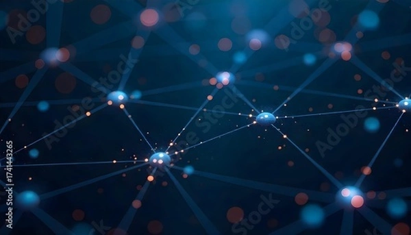 Fototapeta Abstract network of interconnected blue dots and lines, creating a sense of connectivity and data flow, against a dark blue background