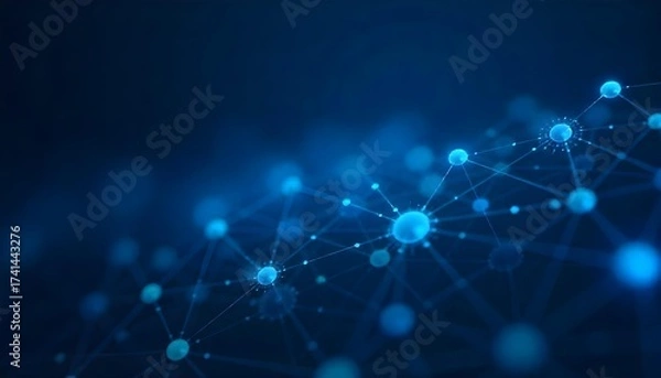 Fototapeta Abstract network of interconnected blue dots and lines, creating a sense of connectivity and data flow, against a dark blue background