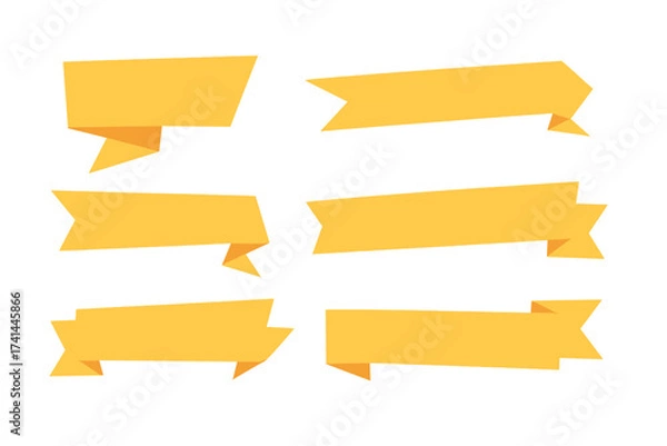 Fototapeta Set of yellow paper banners and origami ribbons collection, folded vector illustration with transparent background, decorative label design elements, ordered style set