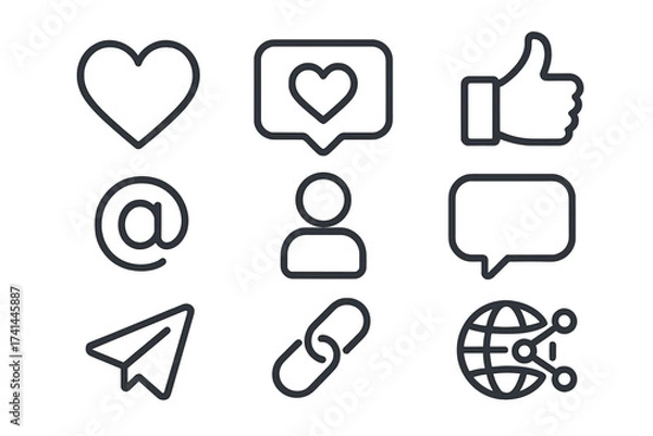 Fototapeta Social network icons set with likes, comments, share, user, link, paper plane and globe symbol for web, internet, app, digital marketing, social media, promotion and business vector illustration