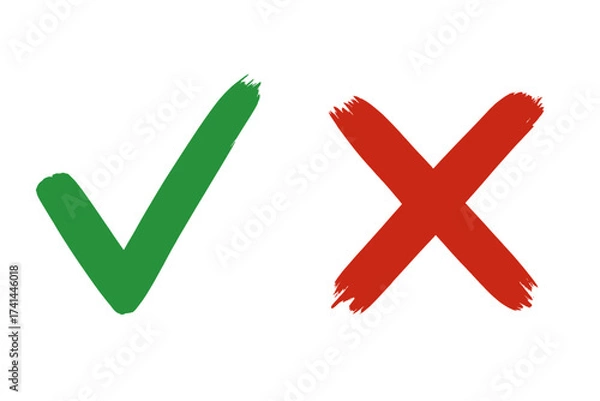 Fototapeta Green checkmark and red cross brush strokes. Isolated yes and no signs, vote symbols, approval and rejection marks, simple graphic design icons on white background.