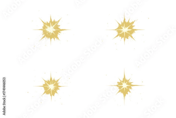 Fototapeta Set of four golden star burst glow light effects with sparkles, glitter shine vector illustrations on transparent background, radiant glittering sparkle bursts for decoration and design