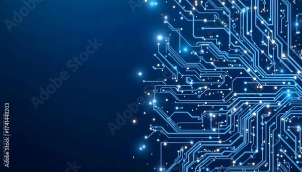 Fototapeta Blue circuit board with glowing lights and intricate pathways, conveying a sense of technology and connectivity, set against a dark blue background