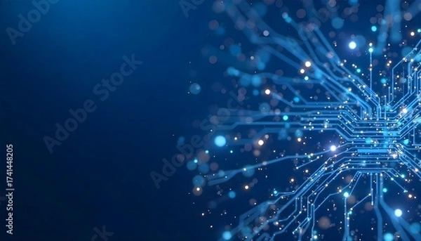 Fototapeta Blue circuit board with glowing lights and intricate pathways, conveying a sense of technology and connectivity, set against a dark blue background