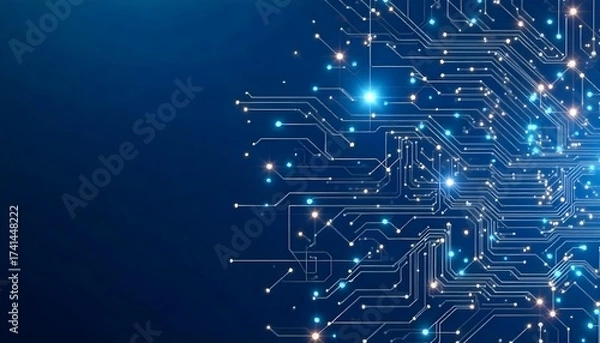 Fototapeta Blue circuit board with glowing lights and intricate pathways, conveying a sense of technology and connectivity, set against a dark blue background