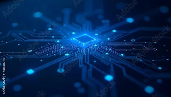 Fototapeta Blue circuit board with glowing lights and intricate pathways, conveying a sense of technology and connectivity, set against a dark blue background