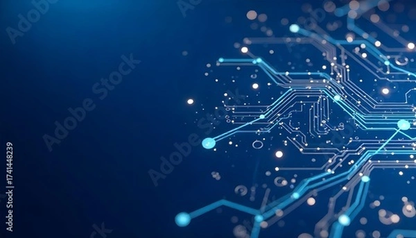Fototapeta Blue circuit board with glowing lights and intricate pathways, conveying a sense of technology and connectivity, set against a dark blue background