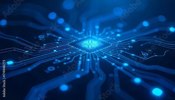 Fototapeta Blue circuit board with glowing lights and intricate pathways, conveying a sense of technology and connectivity, set against a dark blue background