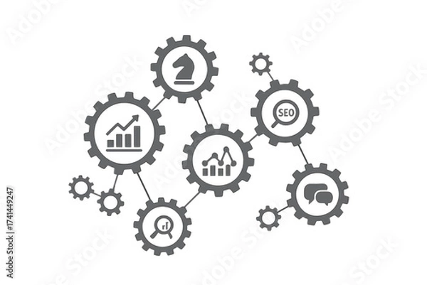 Fototapeta Business mechanism concept. Interconnected gears with icons for strategy, analytics, research, SEO, digital marketing. Metaphor for process, workflow, synergy, and growth.