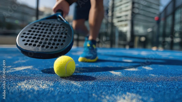 Fototapeta Paddle Tennis in Action: Captivating action shot, the frame focuses on the precise moment before the ball meets the paddle on a modern padel court, showcasing agility and sport