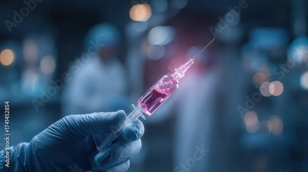 Fototapeta Injection of Hope: Close-up shot of a scientist's hand holding a syringe filled with a glowing, promising substance in a lab setting. Symbol of medical advancement.