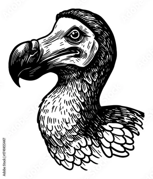 Fototapeta Detailed Dodo Bird Head Neck Side View Engraving Style Black and White Outline Line Art Drawing