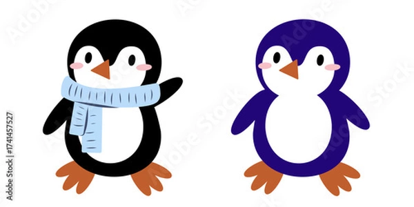 Fototapeta Two cartoon penguins, one black with a blue scarf and one purple, both with orange feet and white bellies. They are cheerful and playful in design.