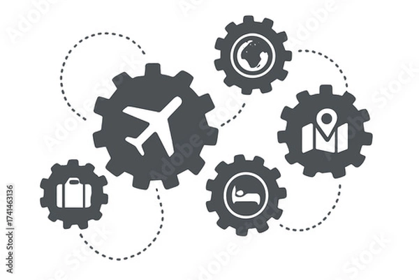 Fototapeta Travel mechanism concept with interconnected gears and flat icons, airplane, suitcase, globe, map with location, and hotel bed. Abstract vector illustration for tourism and transportation industry.
