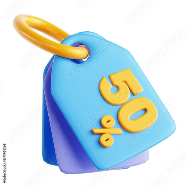 Fototapeta 3D Render of Light Blue Discount Tag Displaying Fifty Percent Off on Transparent Backdrop
