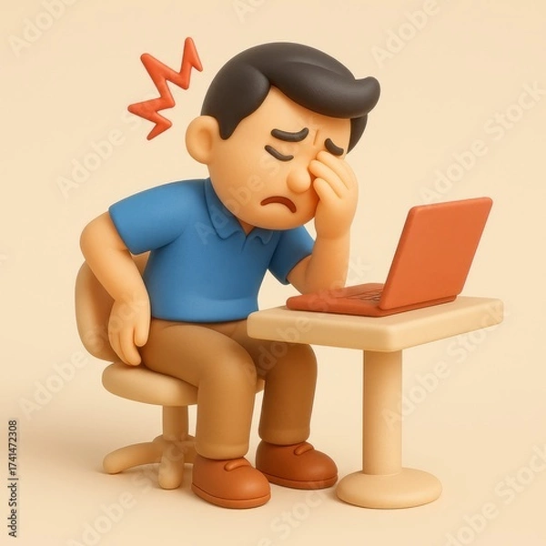 Fototapeta A cartoon man sits at a desk with a laptop rubbing his tired eyes illustration