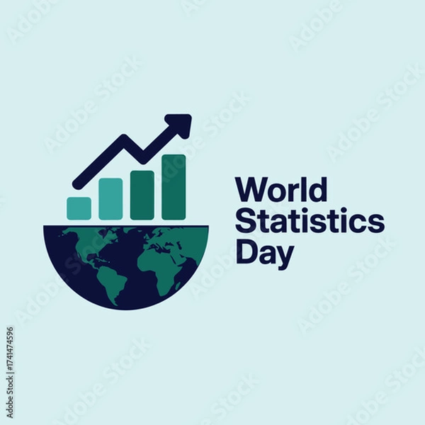 Fototapeta Vector art of world statistics day graphic featuring a rising bar chart and arrow over a globe, symbolizing economic growth and data trends