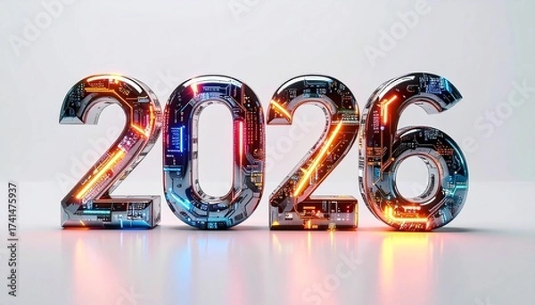 Fototapeta Creative concept for the New Year 2026, showcasing advanced technology with glowing electronic components and digital circuits
