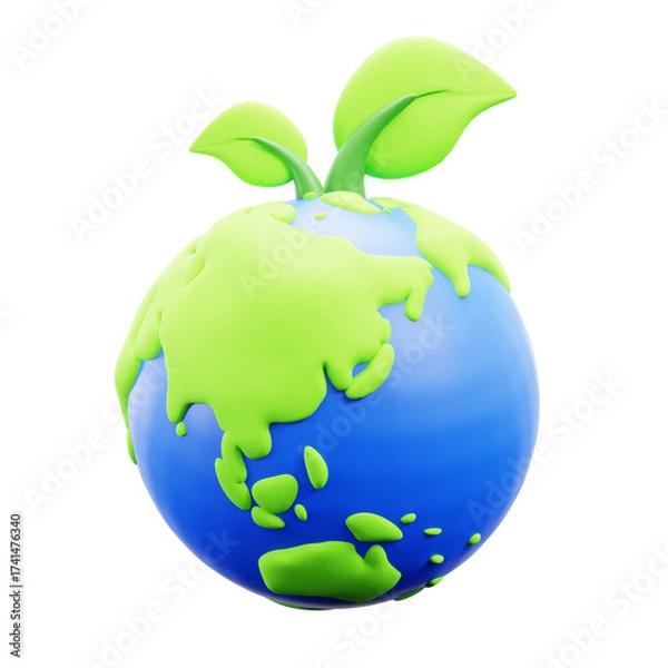 Fototapeta Stylized 3D Render of Planet Earth with Green Foliage Emerging on Transparent Background