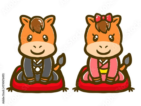 Obraz 和装の馬のカップルの落書き風イラスト素材