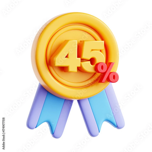 Fototapeta Three Dimensional Gold Medal Displaying Forty Five Percent Discount with Blue Ribbon on Transparent Background