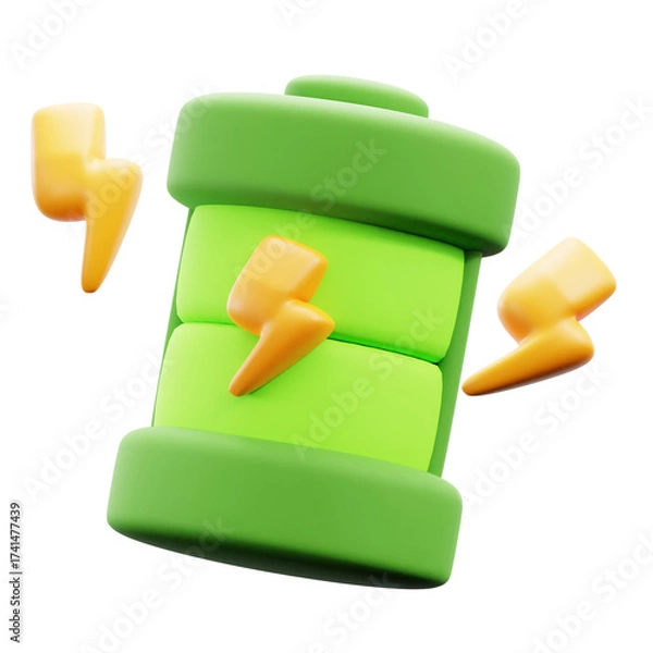 Fototapeta Three Dimensional Green Battery with Yellow Lightning Bolts on Transparent Background