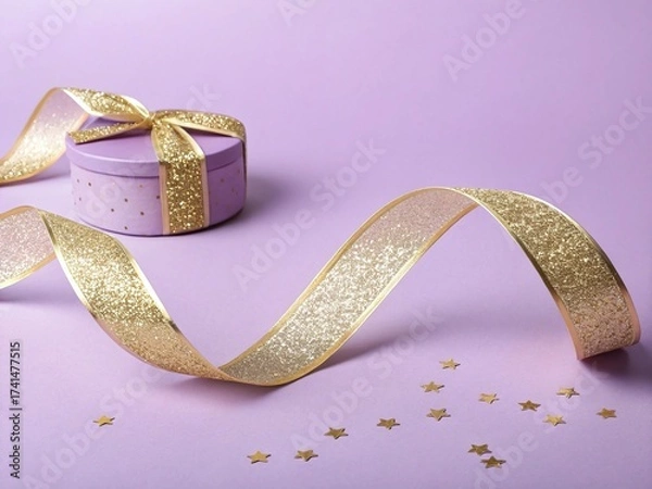 Fototapeta Elegant gift box with golden ribbon on a purple background, perfect for a special occasion or celebration, a luxurious and festive touch