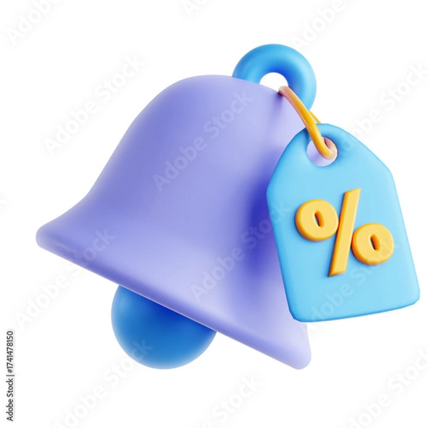 Fototapeta Three Dimensional Render of Purple Bell Icon with Blue Price Tag and Yellow Percentage Sign on Transparent Background