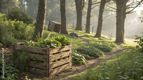 Fototapeta Rustic wooden compost bin filled with lush green plants in a serene forest setting with sunlight filtering through the trees
