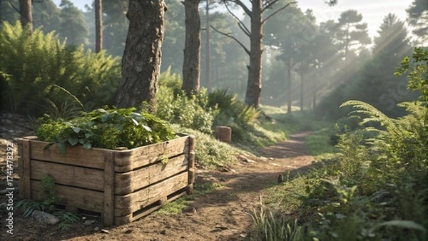 Fototapeta Wooden crate filled with lush green plants sits beside a forest path, bathed in soft sunlight filtering through the trees, creating a serene scene