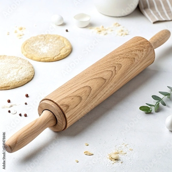 Fototapeta Wooden rolling pin with dough and ingredients isolated on white background, perfect for baking and cooking enthusiasts and culinary projects