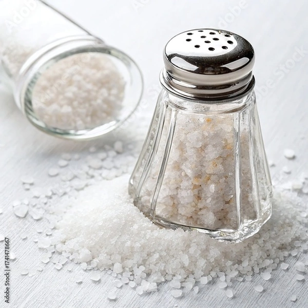 Fototapeta Closeup shot of a salt shaker with salt spilling out onto a white surface, another salt shaker is blurred in the background isolated on white background