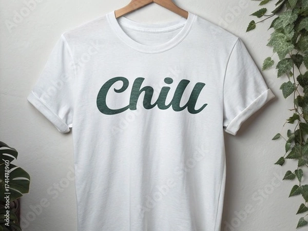 Fototapeta A white tshirt with the word chill printed on it isolated on white background, perfect for a casual and relaxed summer day or a cozy night in