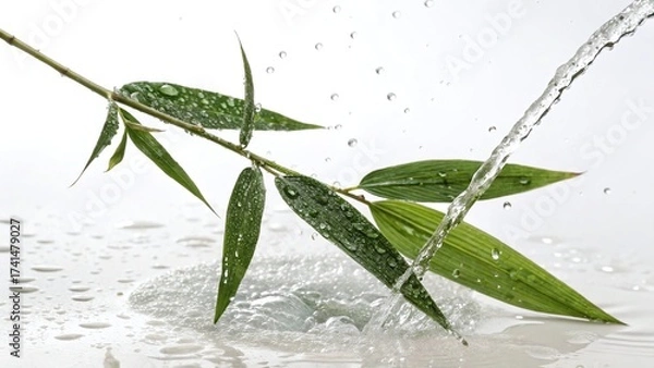 Fototapeta A fresh bamboo branch with water droplets, creating a sense of tranquility and natural beauty isolated on white background, perfect for spa or wellness